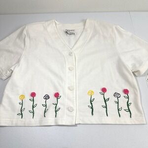 Foot Prints White Rose Embroidered Crop Top L Button Front Cottagecore Coquette